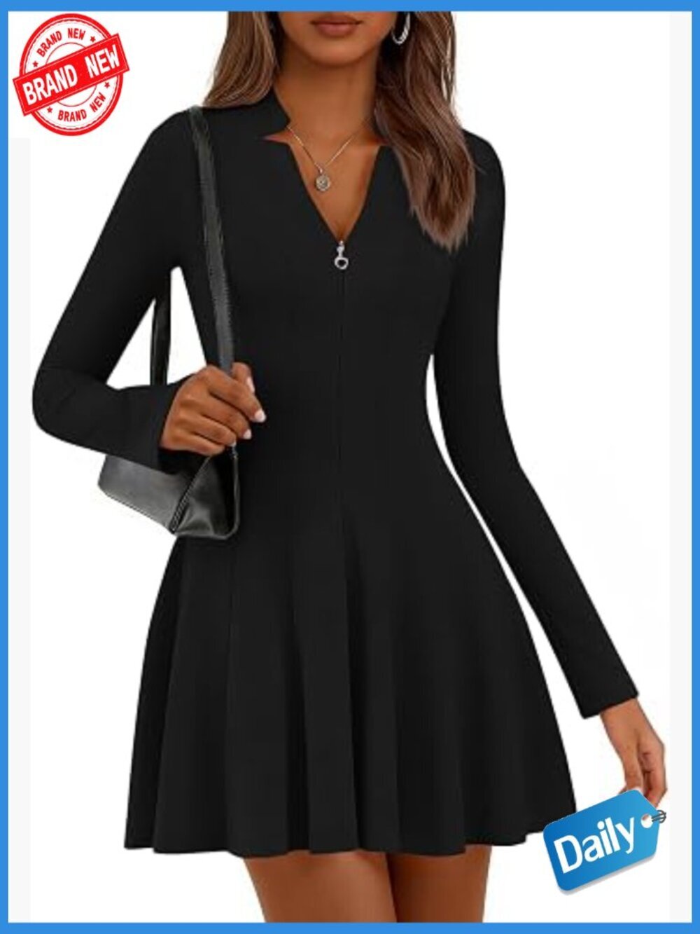 Fall Long Sleeve V Neck Half Zip A Line Swing Mini Dress